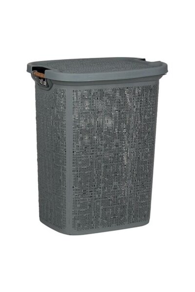 ANTBRO laundry basket, grey perforated pattern with wooden handles, 46×37×57.5 cm, 60 L