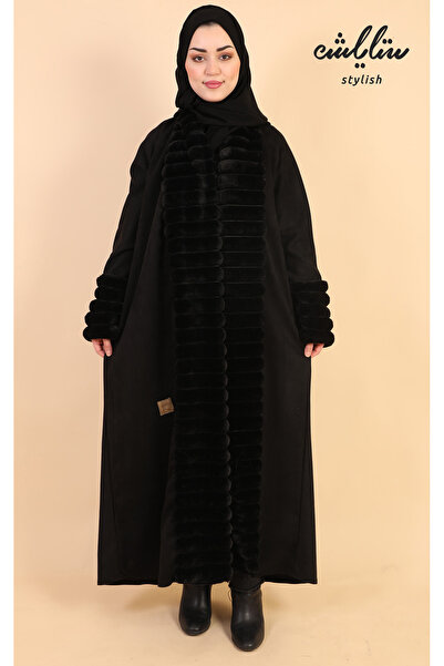 Stylish عباية شتوي شامواه لف صوف بالامام والكم باللون الاسود
