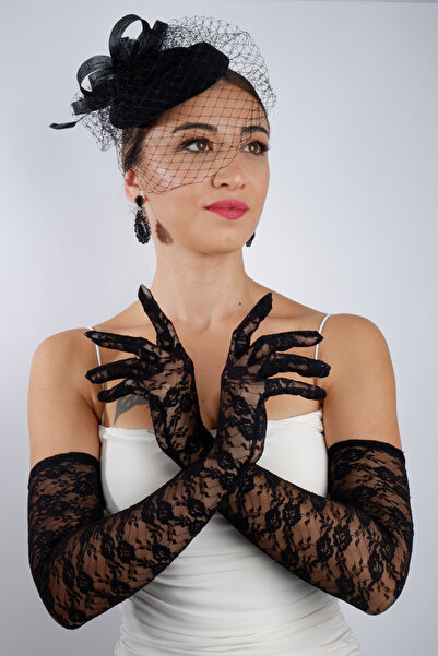 Hayalperest boncuk Stylish Black Long Satin Ruched Bow Bridal Gloves and Elegant Fascinator Accessory Set