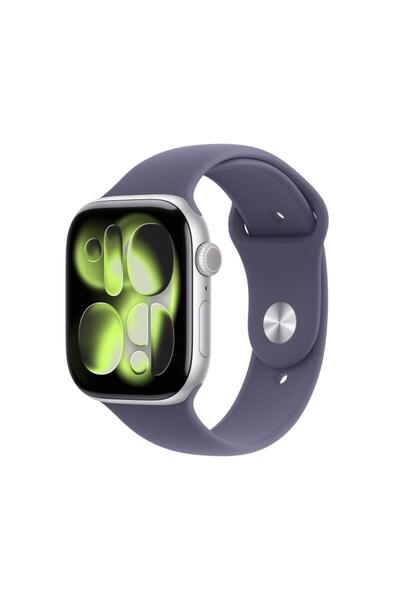 Apple Hodinky řady 11 GPS, 46 mm, stříbrné hliníkové pouzdro s fialovým mlhovým sportovním řemínkem – M/L