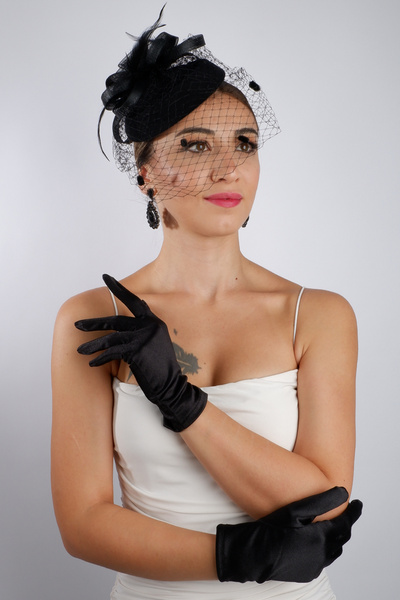 Hayalperest boncuk Elegant Black Satin Tulle Long Bridal Gloves and Glamorous Wedding Fascinator Set