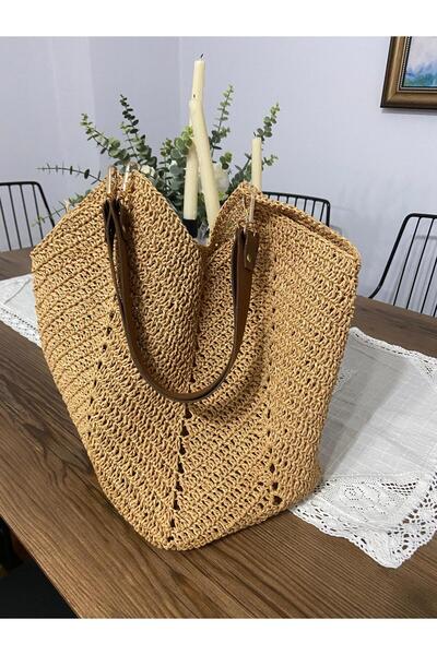 Toksuzdesign Kağıt İP Örme Hasır Çanta, Kol Çantası, Bohem Stil