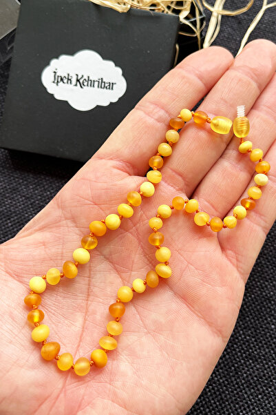 İpek Kehribar Certified Drop Amber Baby Teeth Necklace, Matte 3 Colors Round Cut, Children's Necklace Silk-526