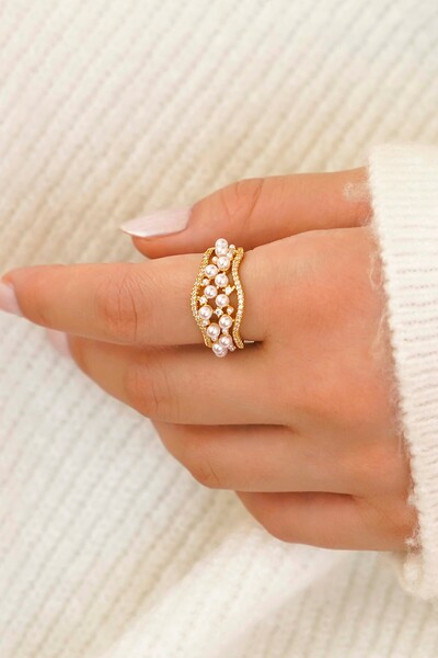 TREND COLLECTİON Zirkon ve İnci Detaylı Şık Kadın Yüzük Seti – Gold Renk