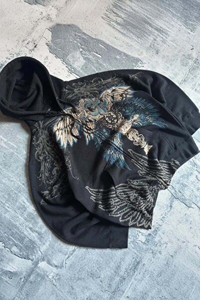 BALİNA Siyah Gotik Wing Detaylı Y2K Unisex Kapüşonlu Hırka
