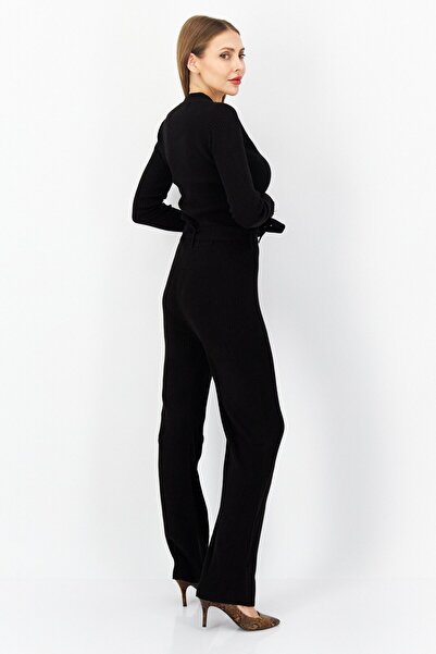 Brave Soul Women Ribbed Belted Long Sleeve Jumpsuit, Black