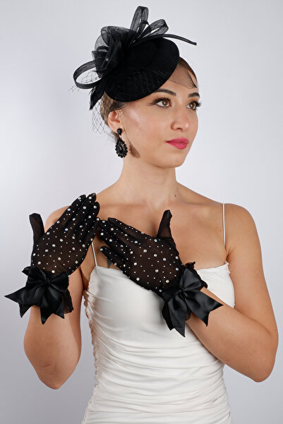 Limelia Set de mănuși de seară din tul negru și pălărie fascinator cu pene