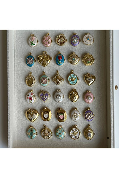 Vintagezegeni Çift Fotoğraflı Mineli/Desenli Kapaklı Kolyeler