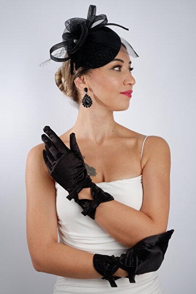 Hayalperest boncuk قفازات زفاف سوداء قصيرة من الساتان مع مجموعة إكسسوارات الزفاف