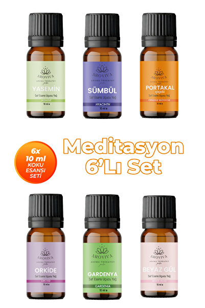 Aroviva Meditasyon Oda Kokusu 6'Lı Set- Doğal Esansiyel Uçucu Yağ, Difüzör Es...
