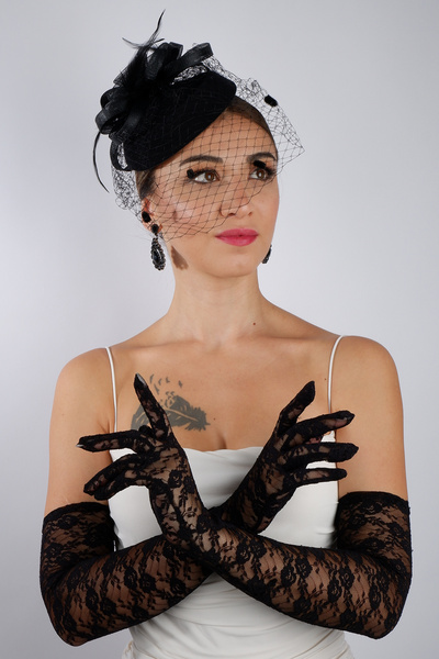 Hayalperest boncuk Stylish Black Long Satin Ruched Bow Bridal Gloves and Elegant Fascinator Accessory Set