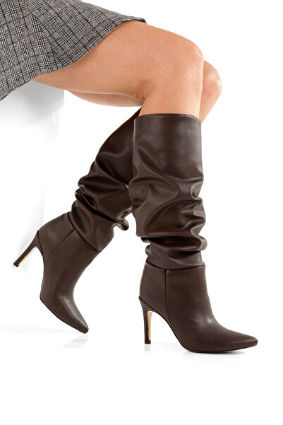 LUVETTO Γυναικείες μπότες με μυτερή μύτη, καφέ δέρμα, 9 εκ. λεπτό τακούνι, με...