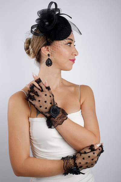 Hayalperest boncuk Stylish Black Short Satin Bow Bridal Gloves and Elegant Fascinator Accessory Set