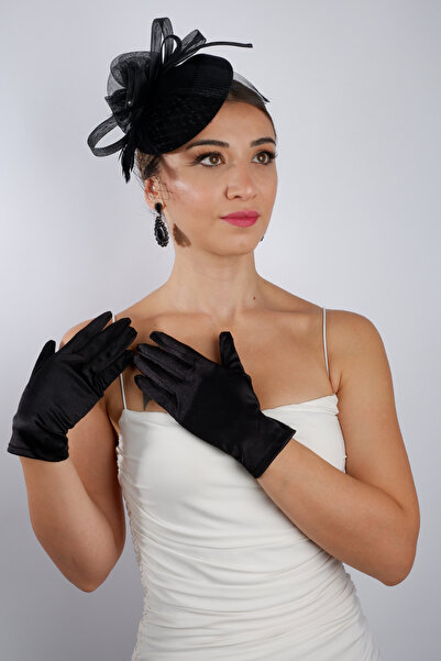 Hayalperest boncuk قفازات زفاف قصيرة من الساتان الأسود، مجموعة إكسسوارات الزفاف