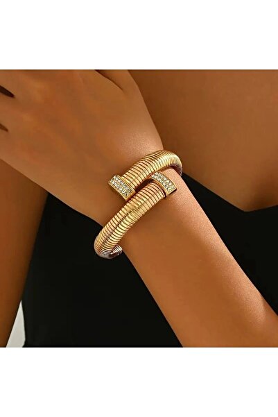 Teo Parlak Taşlı Şık Çok Katmanlı Yılan Zincirli Manşet Bilezik