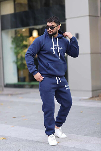 PHANTOM JEANS Mavi Şık İçi Polarlı Erkek Eşofman Takımı Paça Lastikli Cepli Kapüşonlu Nakış Detaylı Compact Takım