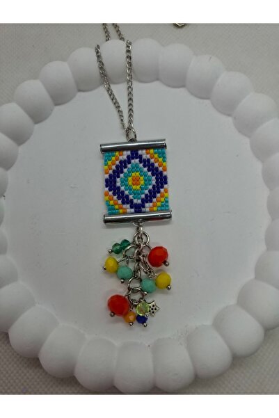boncuktanseyler El Yapımı Mavi Miyuki Boncuklu Otantik Desen Kare Kolye