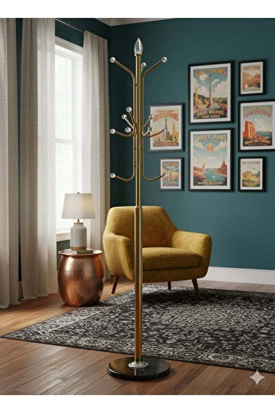 Generic Metal Coat Stand withMarble Base Free Standing Hall Tree with 12 Hooks for Hanging Clothes (Gold)
