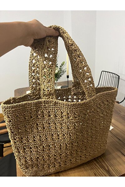Toksuzdesign Hasır Çanta, Kağıt İp El Örmesi Bohem Stil Çanta