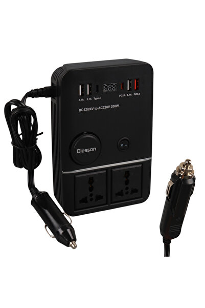 Temiz Pazar OLESSON 1661 DC 12-24V 200W OTO ARAÇ İNVERTER 2X ÇAKMAK- 2X TYPE-...