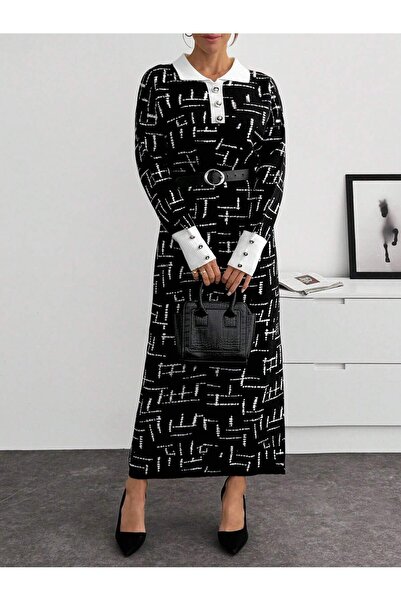 Cherry Butik Kontrast Yaka Siyah Beyaz Desenli Şık Lüks Uzun Triko Elbise