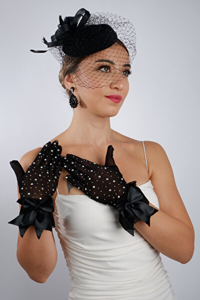 Limelia Set de mănuși de seară din tul negru și pălărie fascinator cu pene