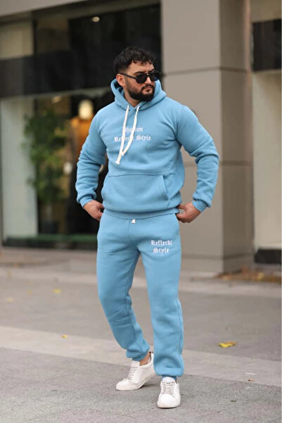 PHANTOM JEANS Light Blue Turquoise Men's Tracksuit Set with Fleece Inside, Elasticated Legs, Pockets, K Hooded Embroidery Detailed Set