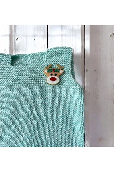 The Cloudish Shop Baby Hand Knitted Sweater, Aqua Green, Christmas, with Deer Badge, 1-2 Years Old
