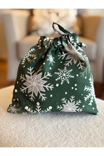 MEKİK BUTİK Green Christmas New Year Pouch - Linen Cloth Pouch - 20X20 - Gift Bag - Cloth Bag