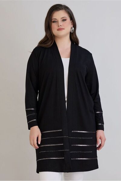 FOR ESRA BIG TREND Women's Plus Size Silver Stripe Stone Detail on Sleeves and Hem Open Front Stretchy Viscose Long Cardigan