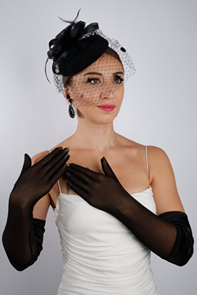 Hayalperest boncuk قفازات زفاف طويلة من التول الساتان الأسود، مجموعة إكسسوارات الزفاف