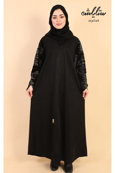 Stylish عباية شتوية شامواه ازرار باللون الاسود بتطريز على الكم