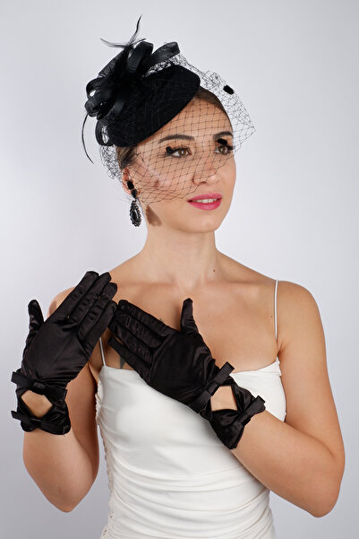 Hayalperest boncuk قفازات زفاف سوداء قصيرة من الساتان مع مجموعة إكسسوارات الزفاف