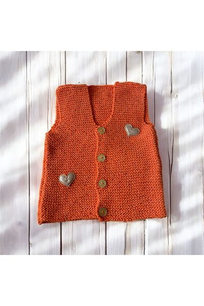 The Cloudish Shop Baby Hand Knitted Vest Orange Glitter Thread Gold Heart Decoration 1 Year Old