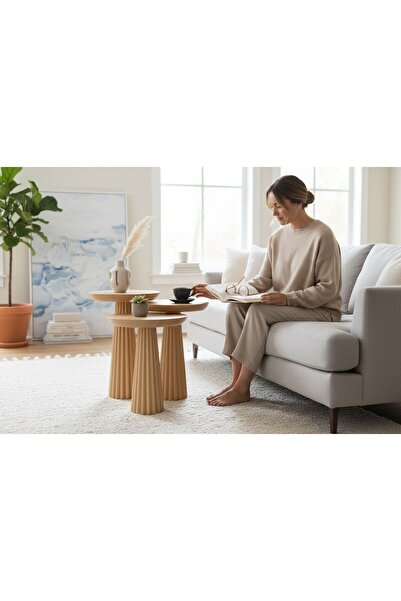 Nova Dizayn Fitilli Ihlamur ağacından 3 Lü Mantar Sehpa