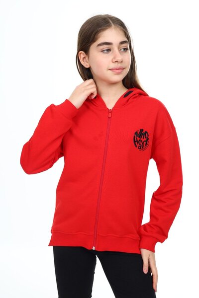 Toontoy Red Girl's Hooded Zippered Off-Shoulder Embroidery Printed Slit Detai...