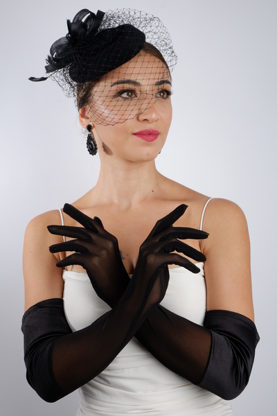 Hayalperest boncuk Stylish Black Stone Tulle Bridal Gloves and Elegant Wedding Fascinator Hat Set