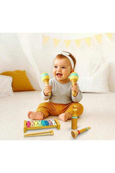 Gotel Set Muzical din Lemn pentru Copii – Xilofon, Tamburină, Triunghi și Mar...