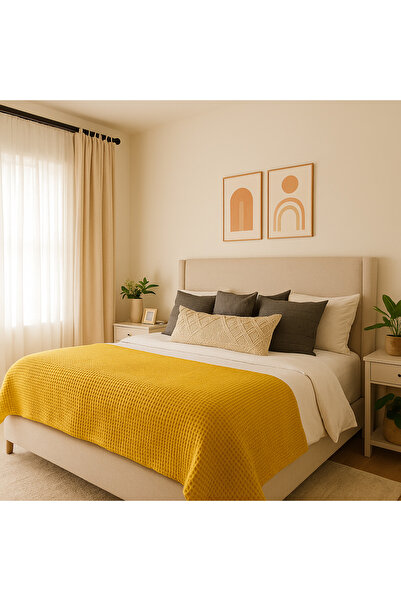 HB Victory Waffle 100% Cotton Premium Bedspread Mustard Color Double Size 230X250 cm