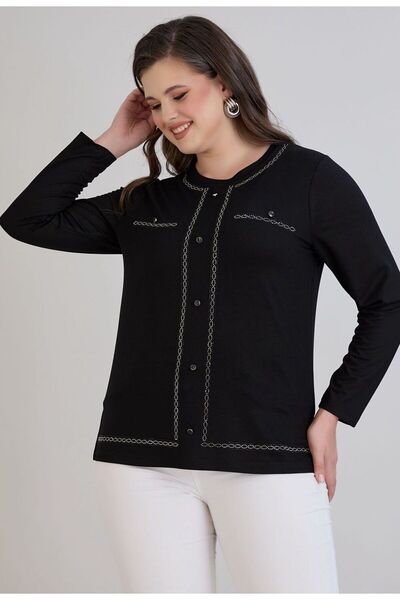 FOR ESRA BIG TREND Women's Plus Size Stone Pattern Printed Ornamental Button Long Sleeve Stretchy Viscose Side Slit Blouse