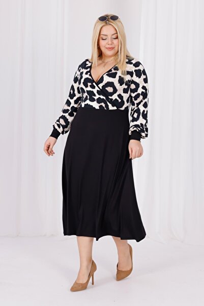 Madwilo Women's Mink Black Leopard Pattern Blocky Double-Breasted Neck Balloon Sleeve Plus Size Stretchy Maxi Dress