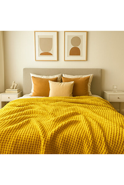 HB Victory Waffle 100% Cotton Premium Bedspread Mustard Color Double Size 230X250 cm
