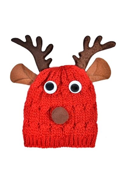 OEM Kids Christmas hat, red, knitted reindeer pattern, one-size