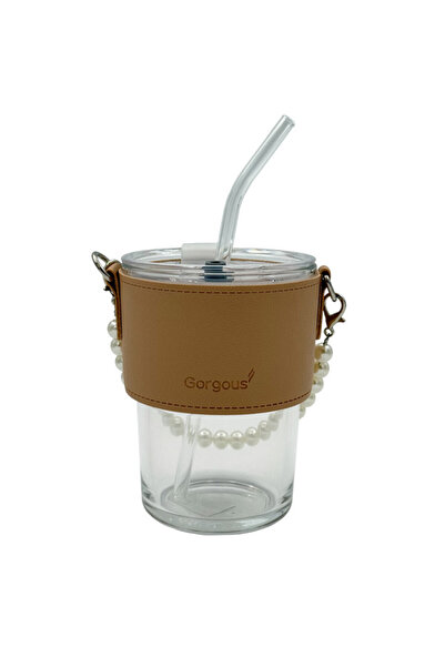B&D Glass Cup with Straw 300ml , Brown Color