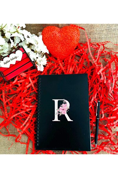 CVCWOOD Flower Letter Printed Wooden Notebook Pen Set - Black