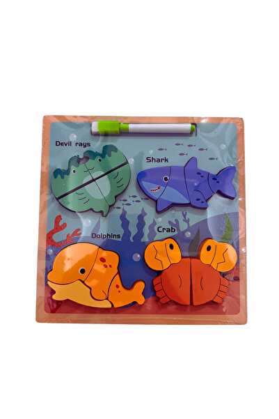 OEM Puzzle din lemn 3D cu animale marine + tablita de desen cu marker – 16 piese