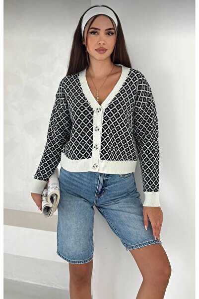 DİMA Ecru Paneled Knitwear Cardigan with Front Patch Detail