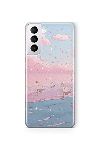FLAMENKO حافظة هاتف سامسونج جالاكسي S22 شفافة بنمط السماء الوردية والبجع