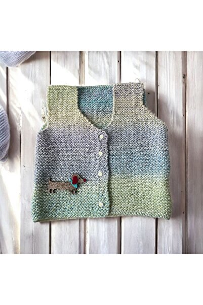 The Cloudish Shop Baby Hand Knitted Vest Blue Green Yellow Marbled Thread Dog Decorated 12-18 Months