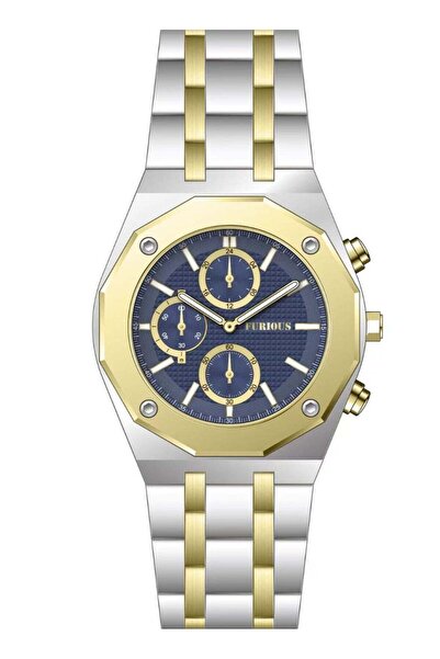 Furious Chronograph Quartz Watch – Blue Dial with Gold and Silver Bracelet